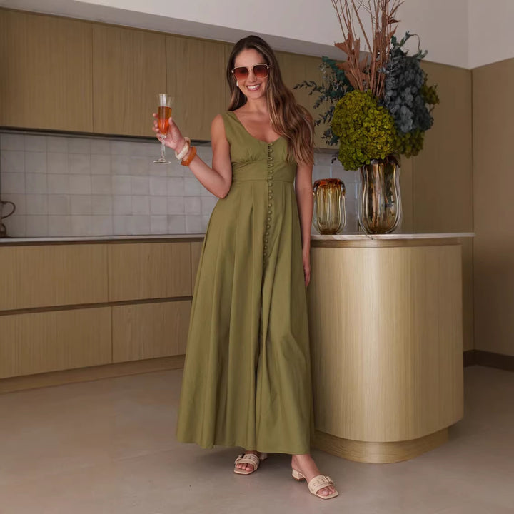 Damen Maxikleid mit schickem Knopfdesign und elegantem V-Ausschnitt Drune