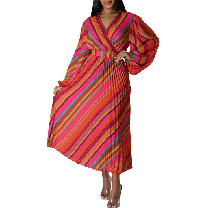 Damen Maxikleid mit elegantem Wickelkragen und farbenfrohem Streifenmuster Drune