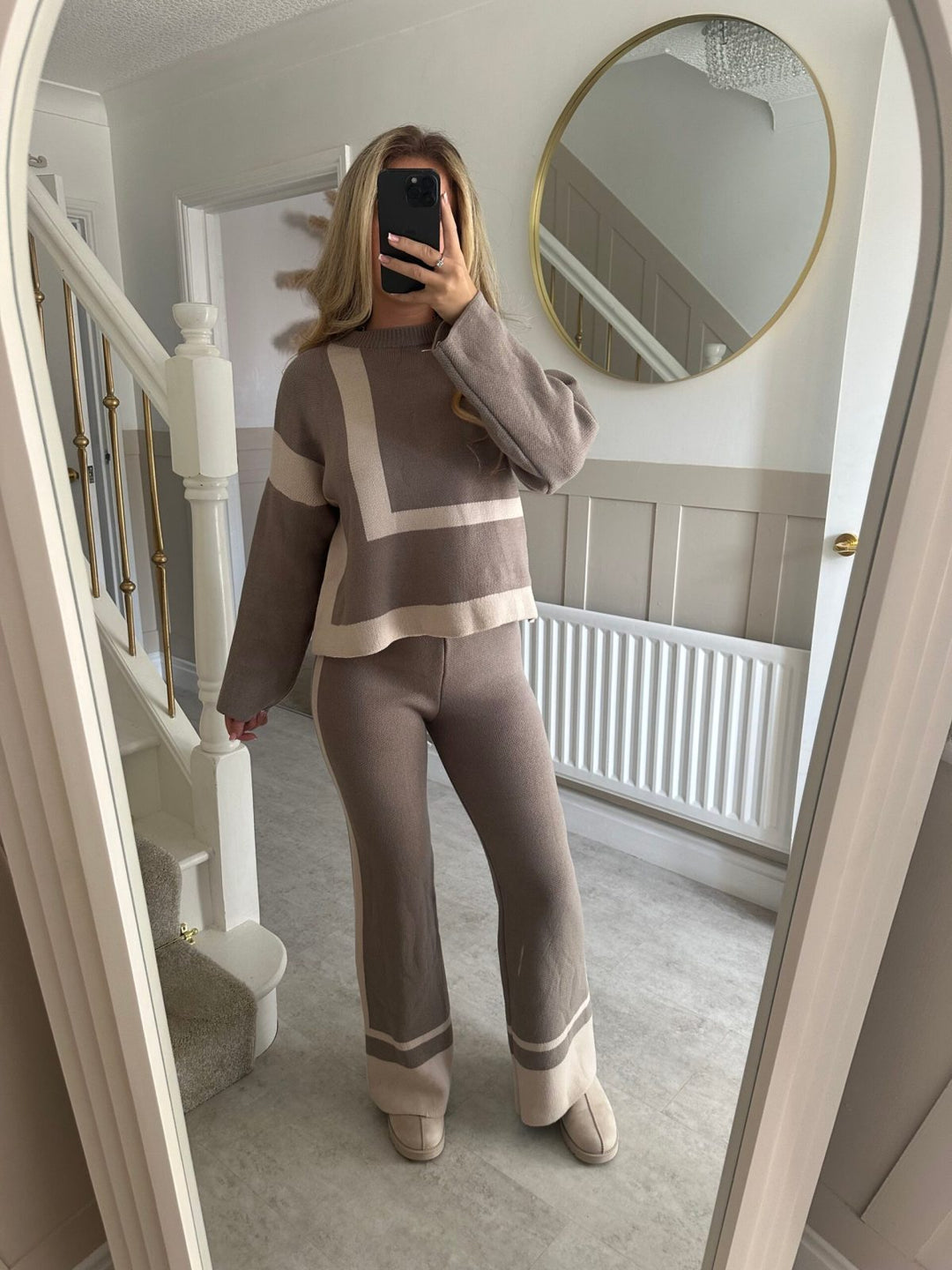 Damen gemusterter Strickanzug mit weitem Schnitt und modischem Futter Drune