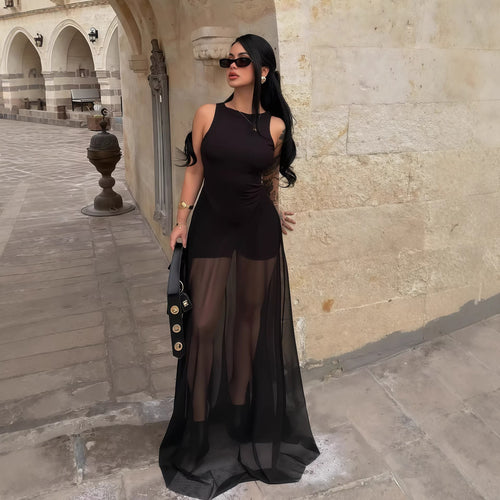 Damen Elegantes Maxi-Kleid mit transparentem Chiffon-Überwurf und figurbetontem Inneren Drune
