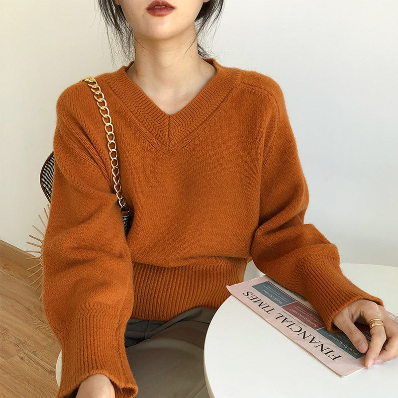 Damen V-Ausschnitt Pullover mit weitem Bündchen Drune