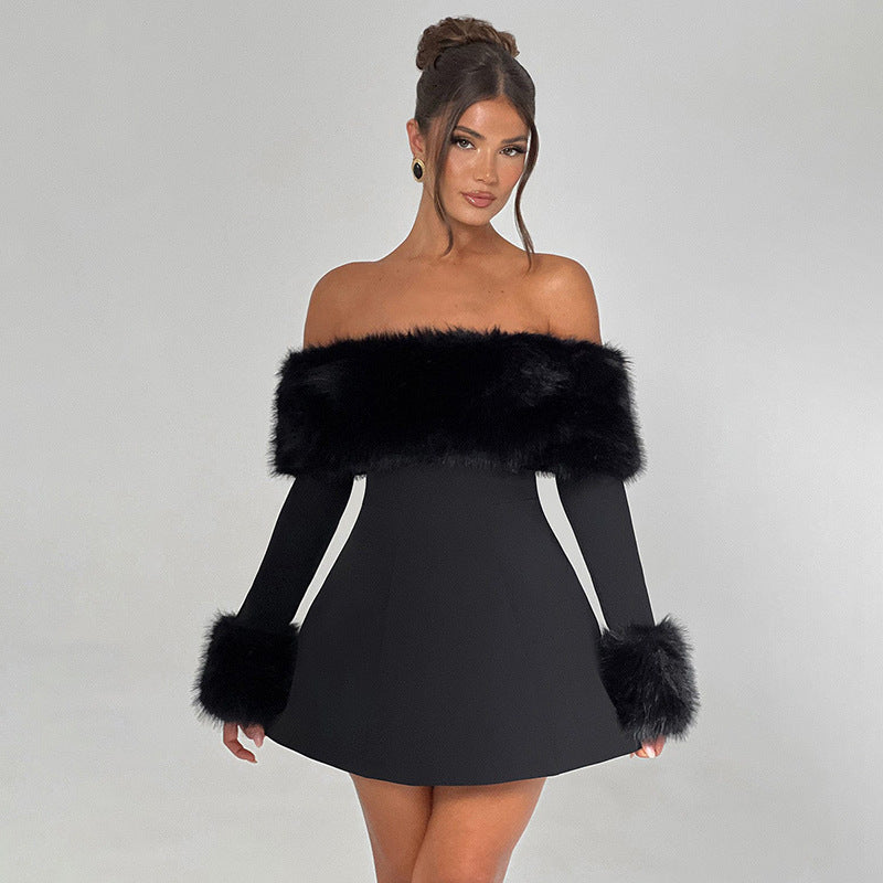 Damen Offshoulder-Kleid mit luxuriöser Futterverzierung und schwingendem Rock Drune