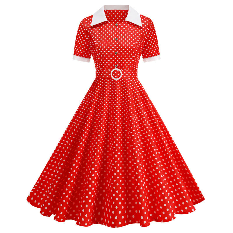 Damen Vintage Polka-Dot Kleid mit Knopfdetails und schwingendem Rock Drune