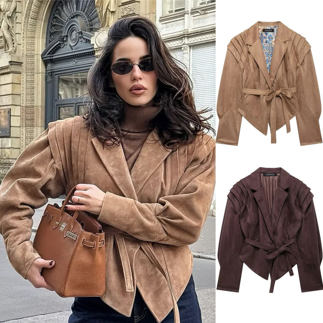 Damen nan taillierter Wildlederoptik Blazer mit Wickelgürtel und gerafften Schultern Drune