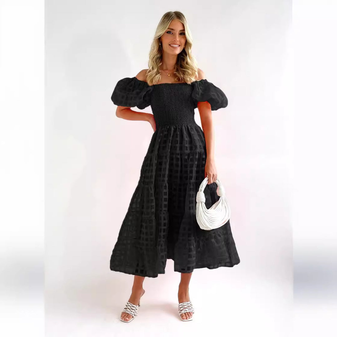 Damen Luftiges Maxikleid mit schwingendem Rock und voluminösen Puffärmeln Drune