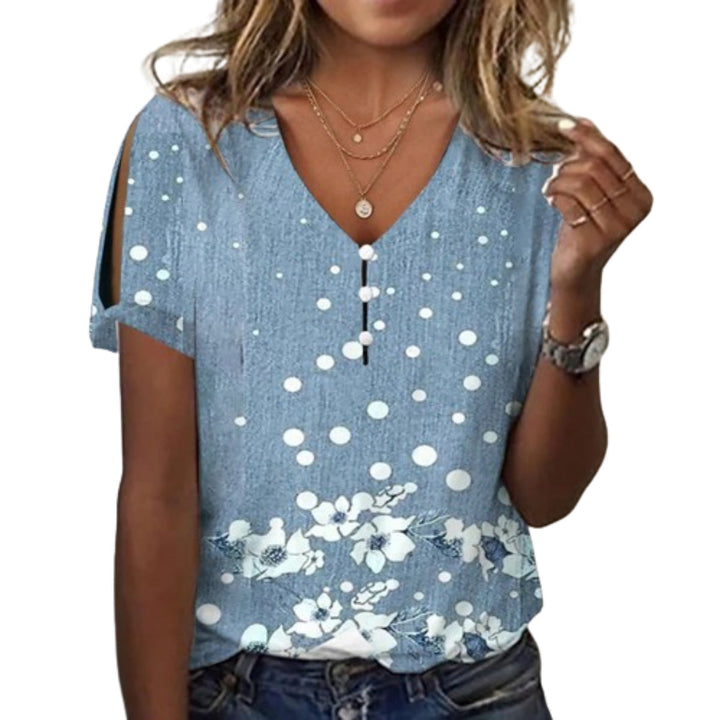 Damen Kurzarmbluse mit floralen Stickereien und Knopfdetails Drune