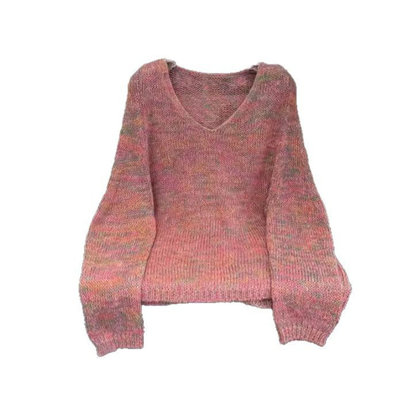 Damen leichter Strickpullover mit V-Ausschnitt und voluminösen Ärmeln Drune