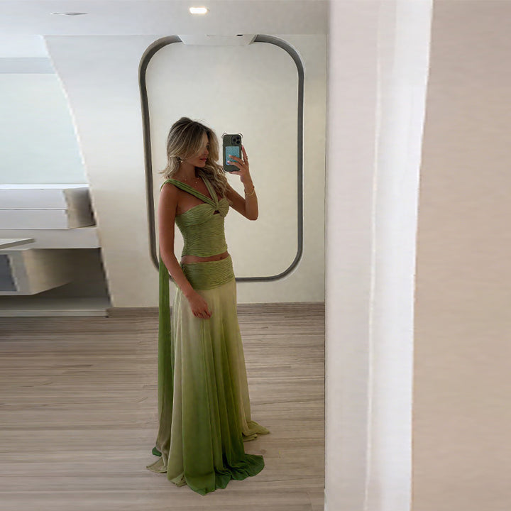 Damen schickes Maxikleid mit geflochtenem Oberteil und fließendem Rock Drune