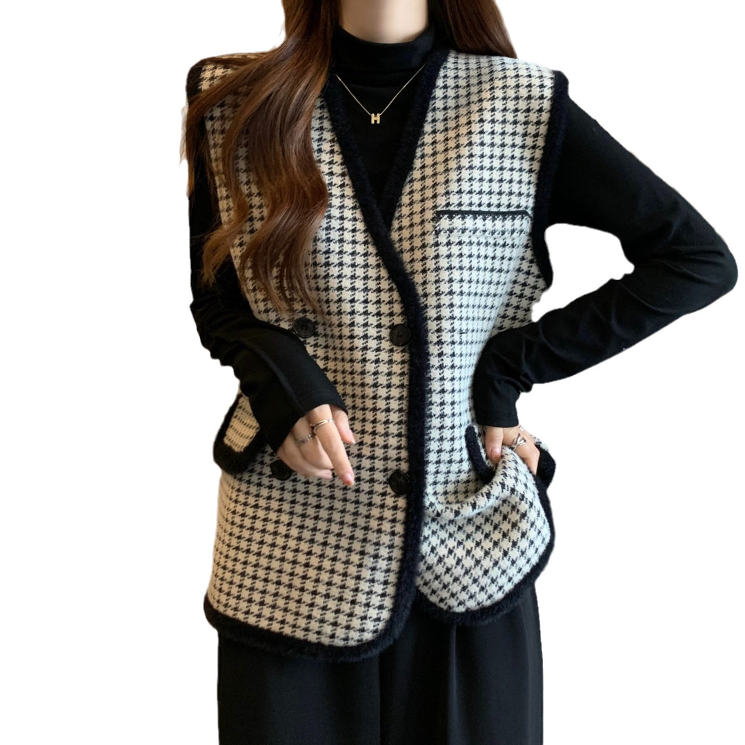 Damen Elegante Strickweste mit Karomuster und praktischem Taschendesign Drune