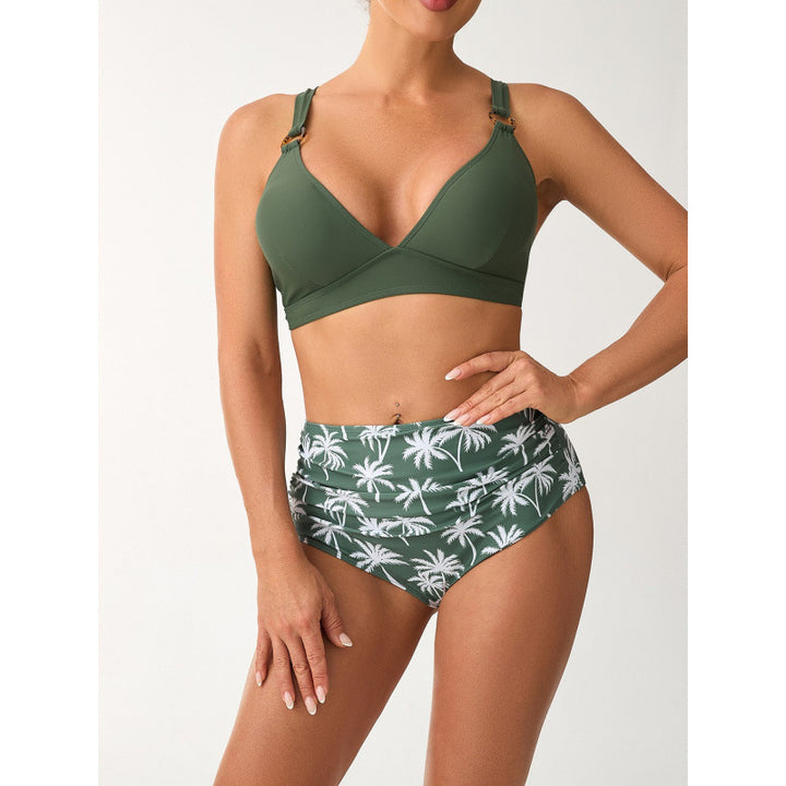 Damen Bikini-Set mit hohem Bund und modischem Palmendruck Drune
