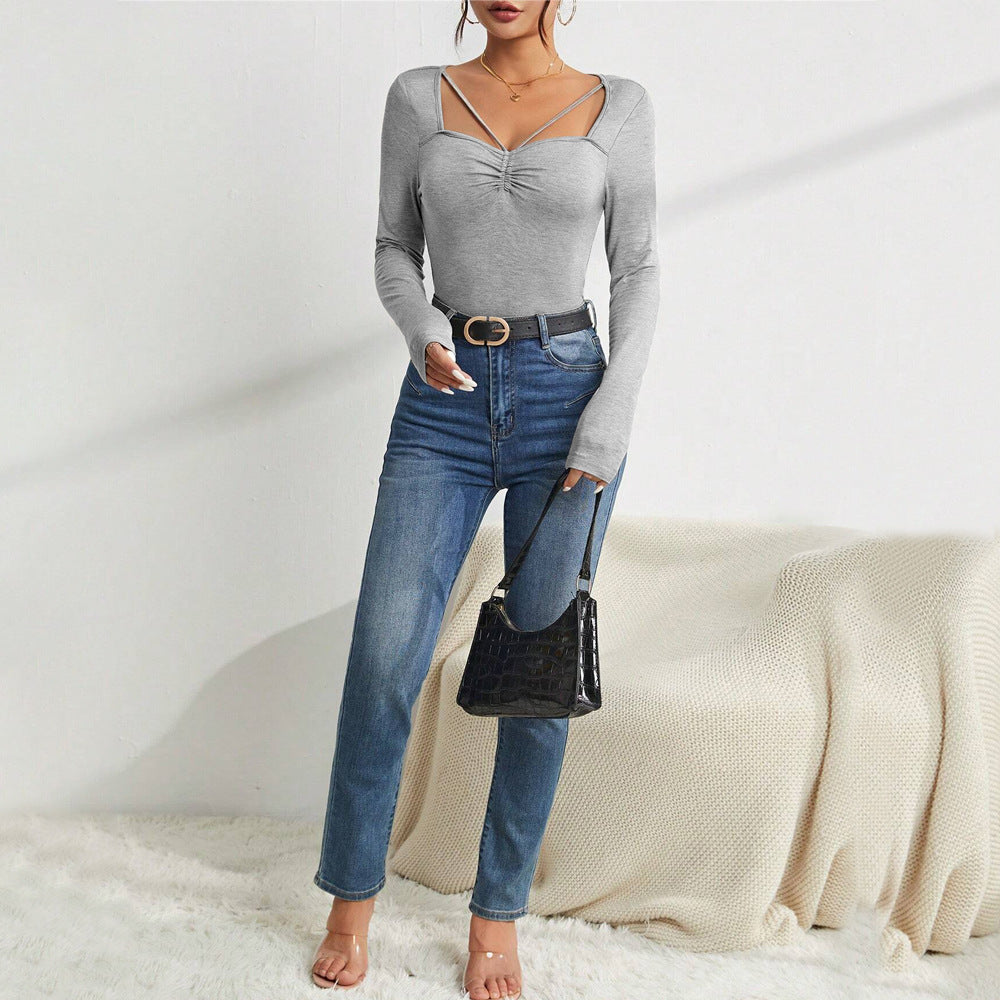 Damen Langarm-Bodysuit mit modischem V-Ausschnitt und raffinierten Schulterdetails Drune