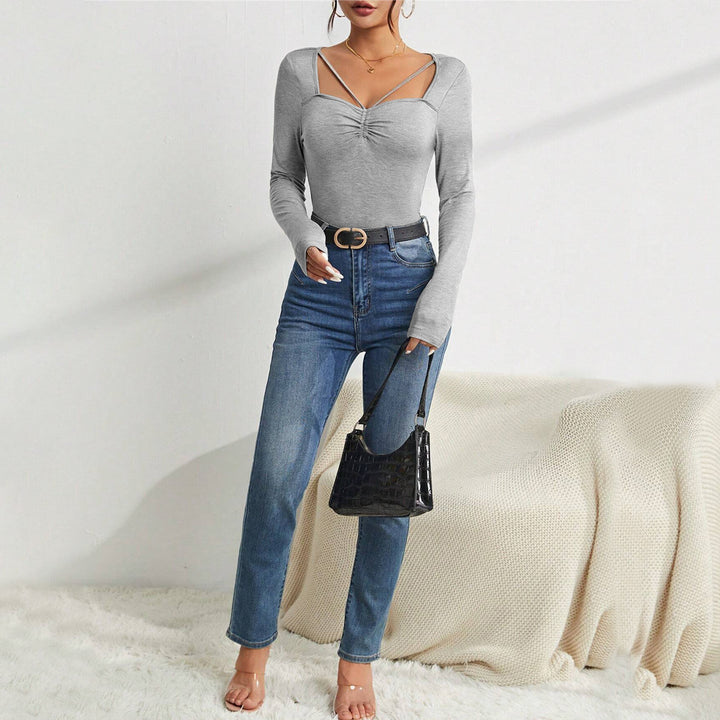Damen Langarm-Bodysuit mit modischem V-Ausschnitt und raffinierten Schulterdetails Drune