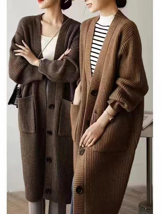 Damen Langer Strickcardigan mit aufgesetzten Taschen und Knopfverschluss Drune
