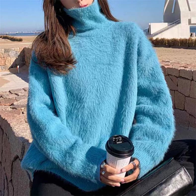 Damen Flauschiger Pullover mit Lockere Passform und Hohem Kragen Drune
