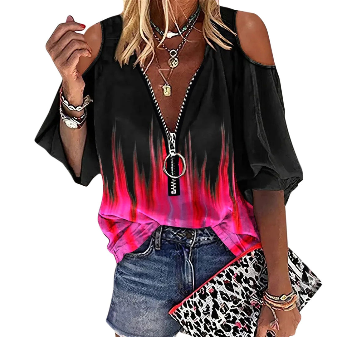 Damen Trendige Bluse mit Kalt-Schulter-Design und Reißverschluss Drune