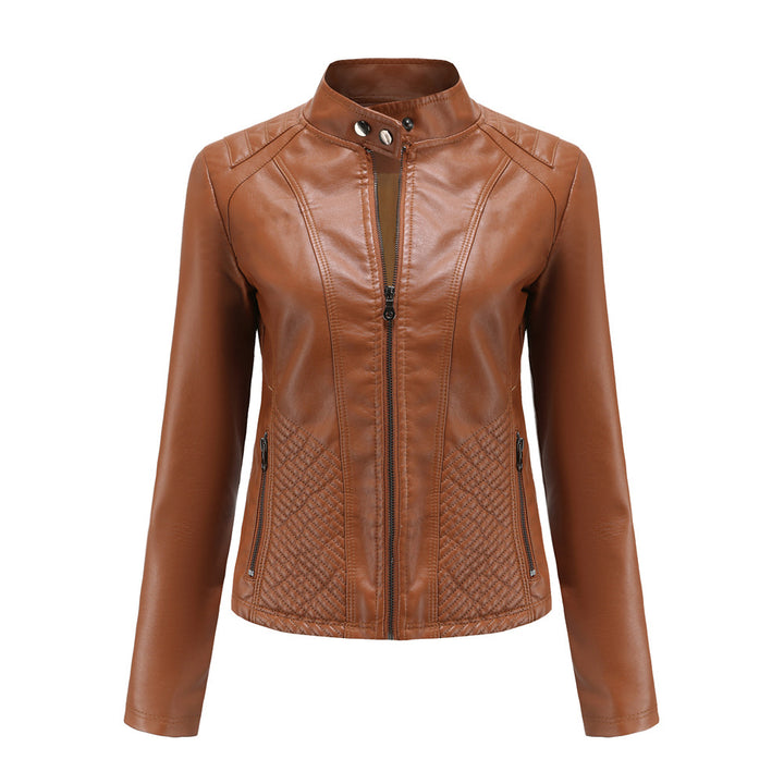 Damen nan taillierte Biker-Kunstlederjacke mit Stehkragen und gesteppter Seitenpartie Drune