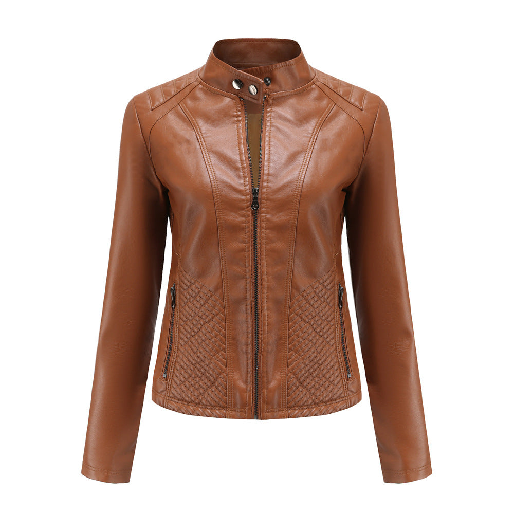 Damen nan taillierte Kunstlederjacke im Bikerstil mit Stehkragen und gesteppter Seitenpartie Drune
