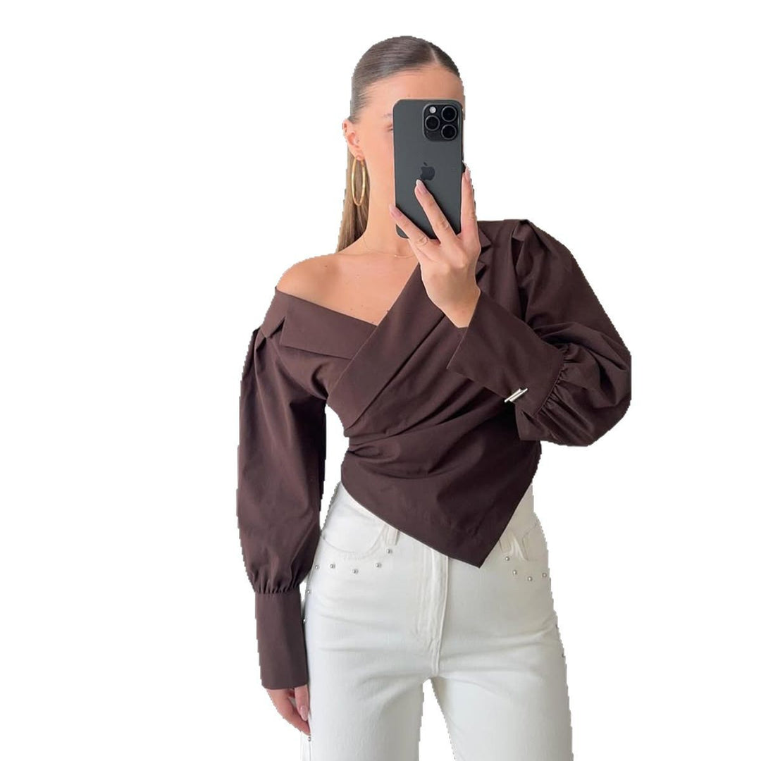 Damen Elegante Wickelbluse mit asymmetrischem Schnitt und Puffärmeln Drune