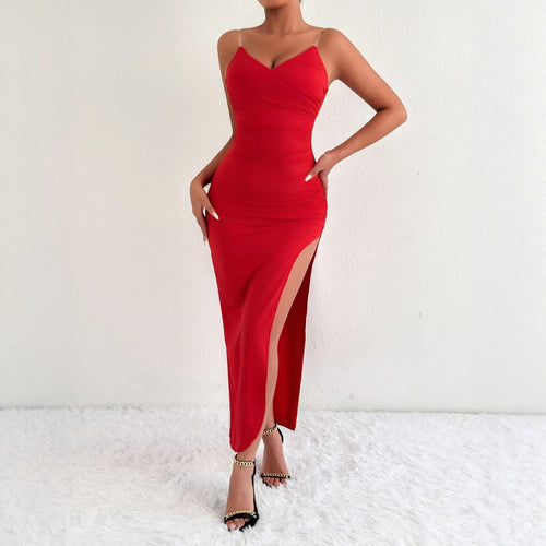 Damen Elegantes Maxikleid mit seitlichem Schlitz und feinen Trägern Drune