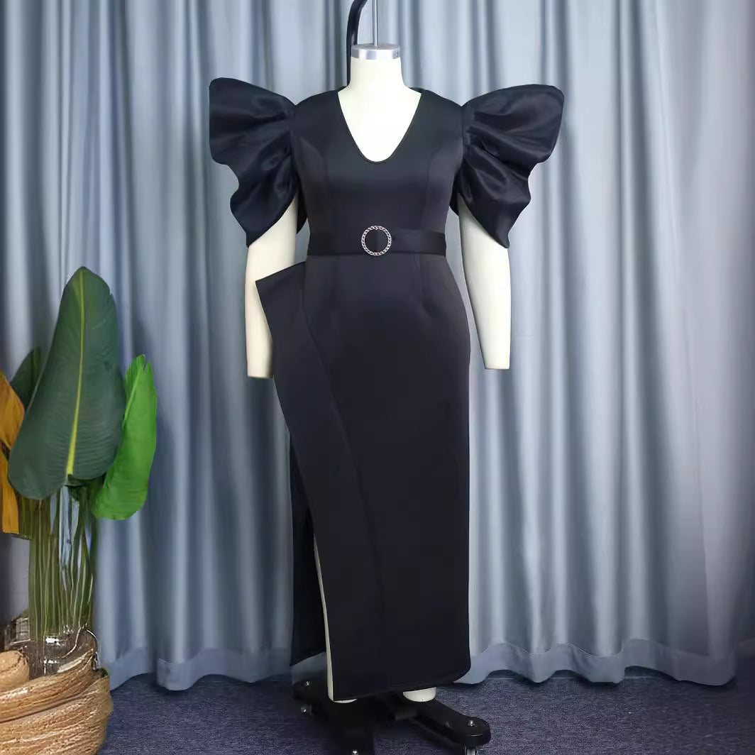 Damen Elegantes Abendkleid mit voluminösen Puffärmeln und einem stilvollen Gürtel Drune