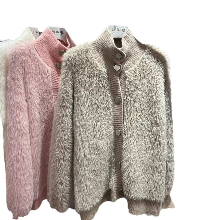 Damen kuschelige Strickjacke mit Knopfverschluss und hohem Kragen Drune