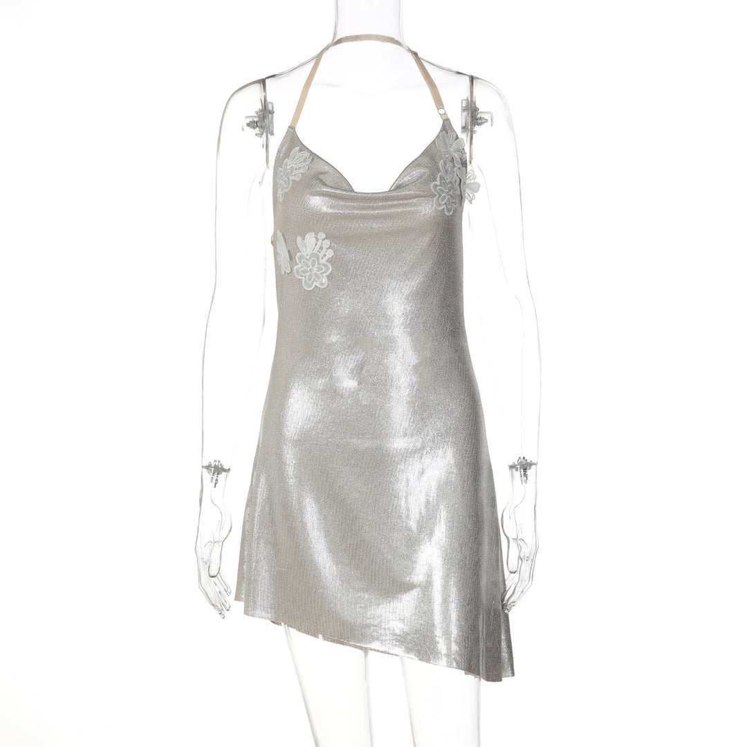 Damen glänzendes Cocktailkleid mit Spaghetti-Trägern und zarten Spitzenapplikationen Drune