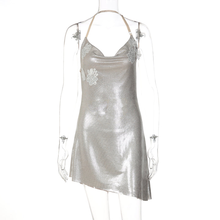 Damen glänzendes Cocktailkleid mit Spaghetti-Trägern und zarten Spitzenapplikationen Drune