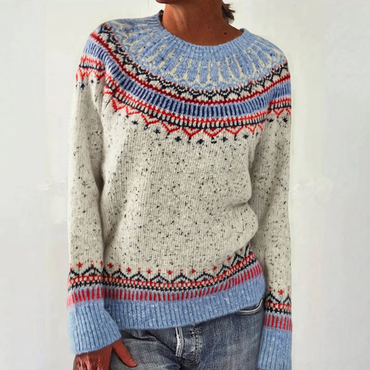 Damen nan melierter Rundhalsausschnittpullover mit kreisförmigem Jacquard-Yoke und geripptem Saum Drune
