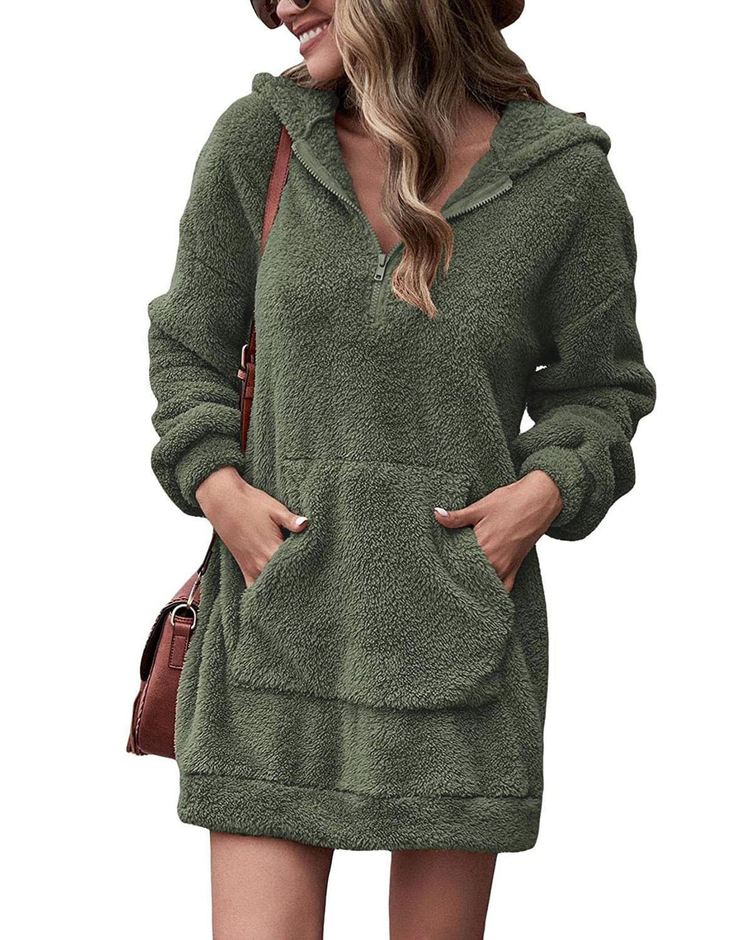 Damen Kuscheliger Hoodie-Kleid mit praktischen Taschen und halben Reißverschluss Drune