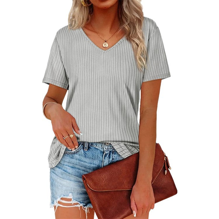 Damen Viskose T-Shirt mit feinem Rippstrickmuster und lässigem V-Ausschnitt Drune