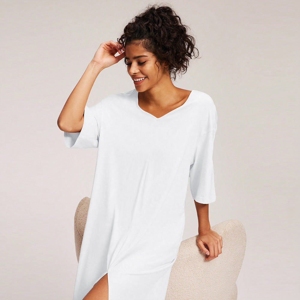 Damen lässiges Midikleid mit tiefem V-Ausschnitt und seitlichem Schlitz Drune