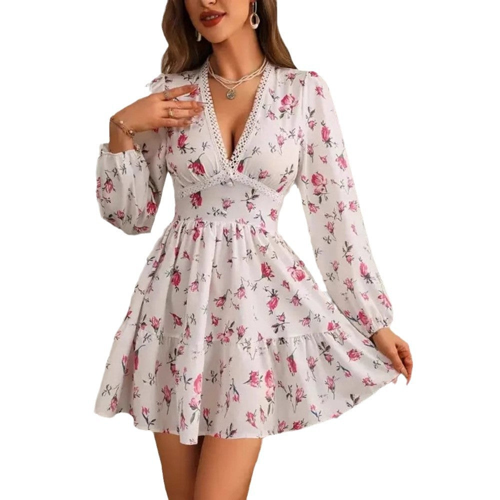 Damen romantisches Blumenkleid mit voluminösen Ärmeln Drune