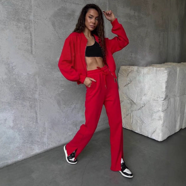 Damen lässiger Fleece-Jogginganzug mit hohem Kragen und Eingrifftaschen Drune