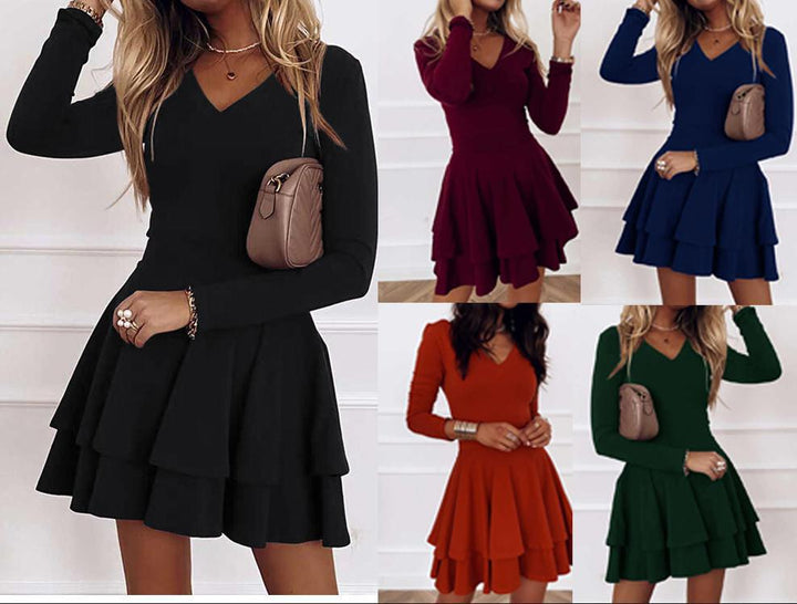 Damen stilvolles Minikleid mit schwingendem Rock und V-Ausschnitt Drune