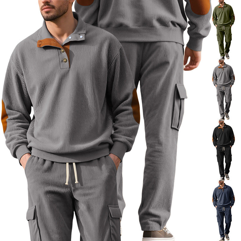 Herren nan strukturierter Troyer-Pullover mit Stehkragen Druckknopfleiste und Velours-Ellenbogenpatch Drune