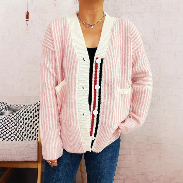 Damen gestreifter Strickcardigan mit Taschen und Knopfdetails Drune