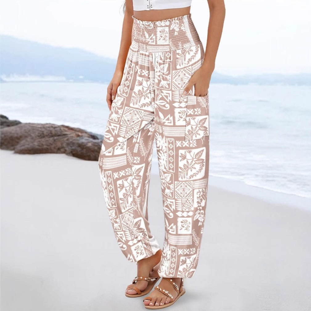 Damen weite Palazzo-Hose mit buntem Paisleymuster und elastischem Bund Drune