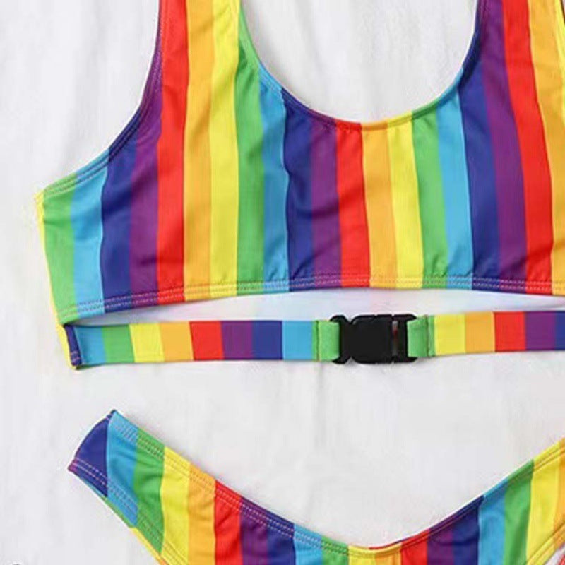 Damen Triangel-Bikini mit verstellbaren Trägern und buntem Streifenmuster Drune