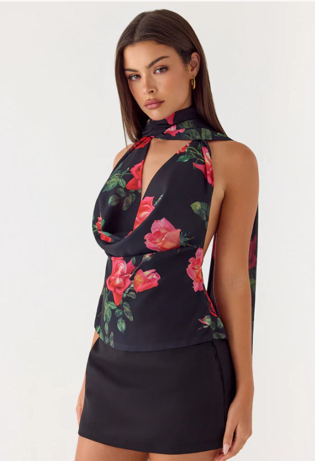 Damen Elegantes Chiffon-Top mit floralem Halsband und tiefem Ausschnitt Drune