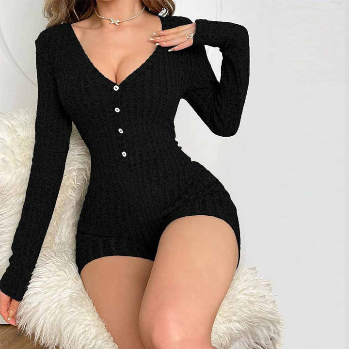 Damen Strickoverall mit tiefem V-Ausschnitt und Knopfdetails Drune