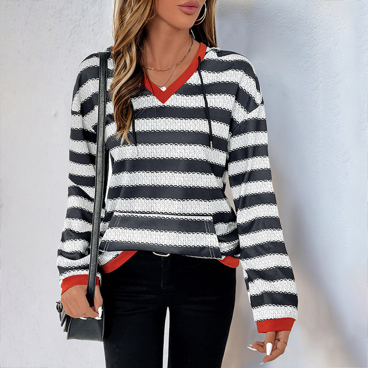 Damen Kapuzenpullover mit modernem Streifen-Muster und praktischem Kängurutasche Drune
