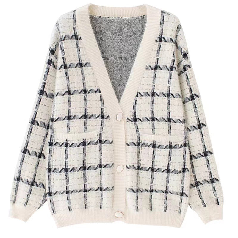 Damen Kuscheliger Oversized-Strickcardigan mit Karomuster Drune