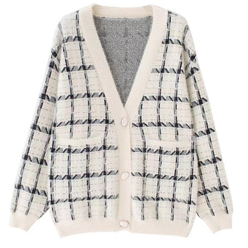 Damen Kuscheliger Oversized-Strickcardigan mit Karomuster Drune