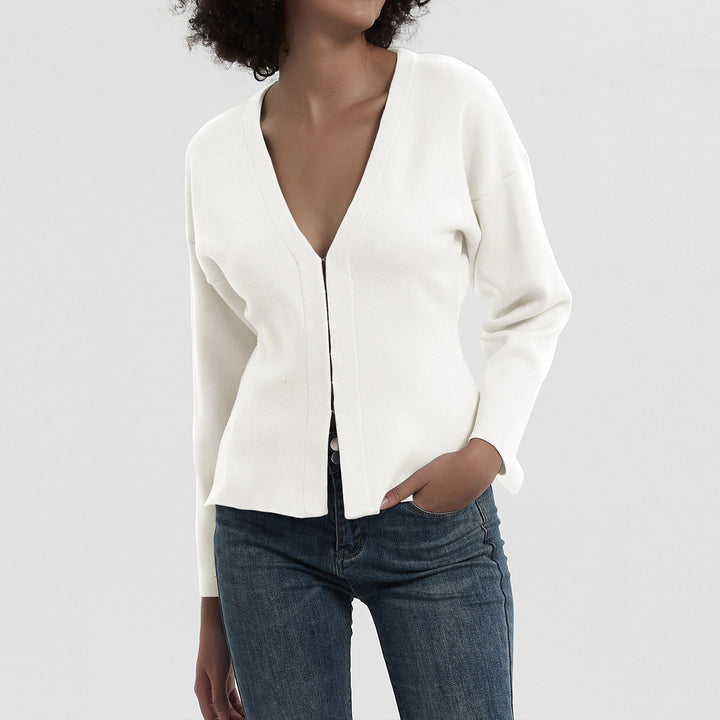 Damen elegante Strickjacke mit V-Ausschnitt und Knopfverschluss Drune