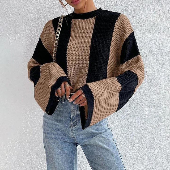 Damen lässiger Grobstrickpullover mit weitem Schnitt und Blockstreifen Drune