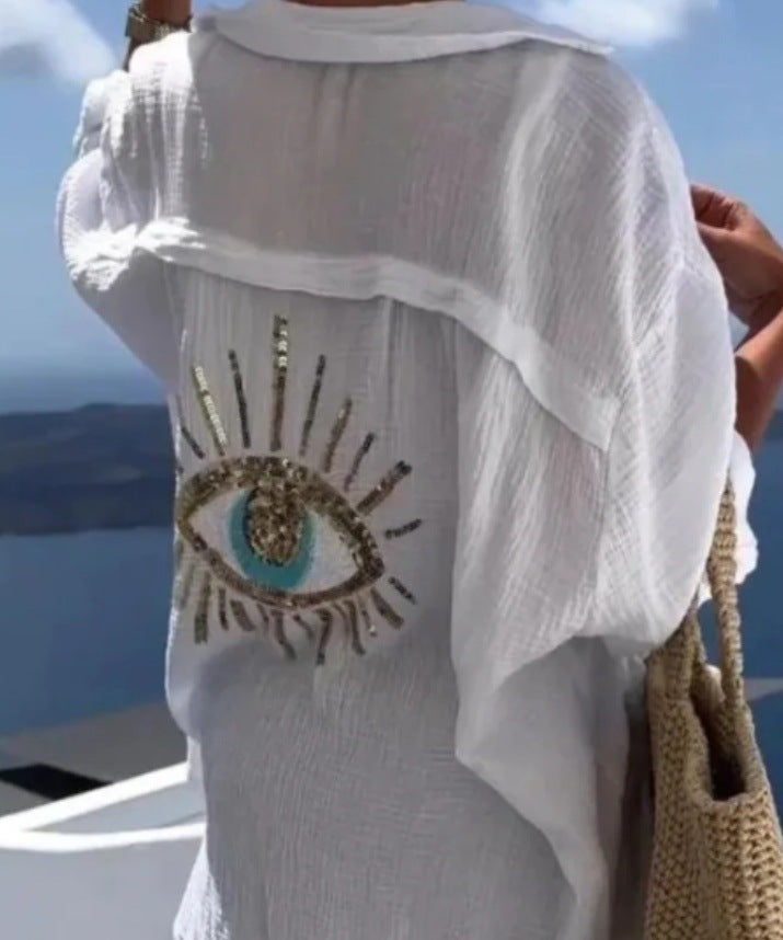 Damen lässige Bluse mit einzigartigem Augenmotiv und gestickten Akzenten Drune