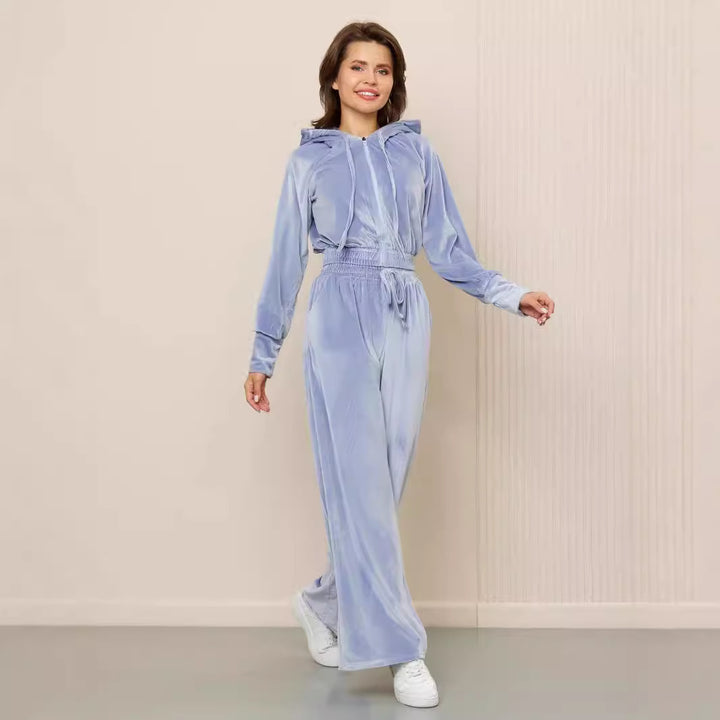 Damen luxuriöser Velours-Hoodie und weite Hose Set Drune