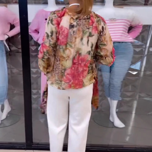 Damen nan leichte Satinbluse mit Animal- und Floralprint, Rüschenkragen, V-Ausschnitt und Manschettenärmeln Drune