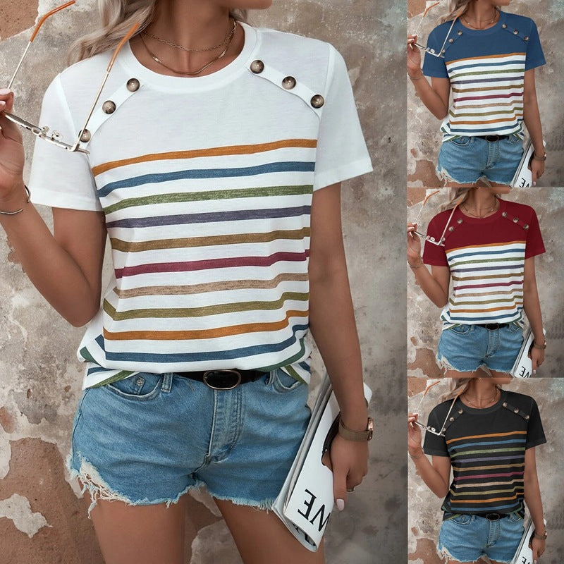 Damen gestreiftes T-Shirt mit modischen Knopfdetails und Rundhalsausschnitt Drune