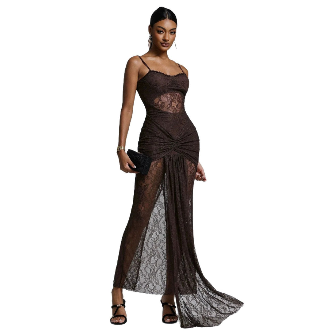 Damen Elegantes Spitzenmaxikleid mit raffinierter Drapierung Drune